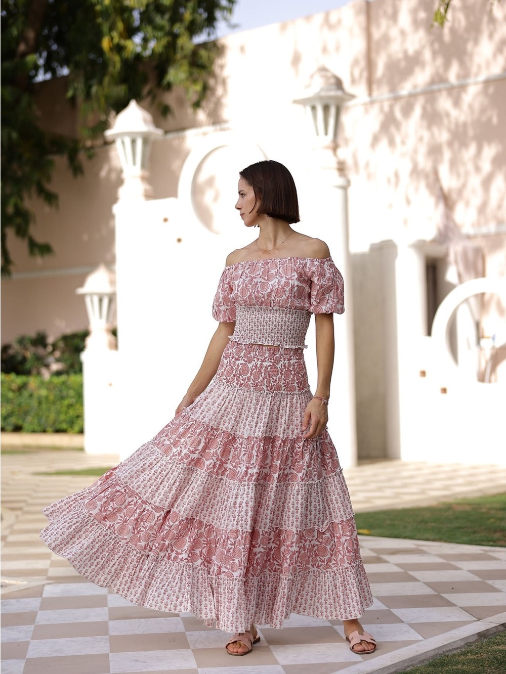 Maison Marigold M/L Tahiti Blouse Bora Bora Maxi Skirt Set Pink White Smocked